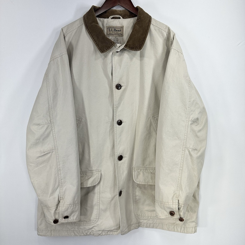 LL Bean Jacket Mens 2XL Khaki Canvas Field Coat Corduroy Collar Chore Barn Work